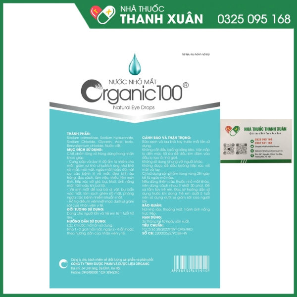 Nước nhỏ mắt ORGANIC 100 giúp cung cấp và duy trì độ ẩm tự nhiên cho mắt